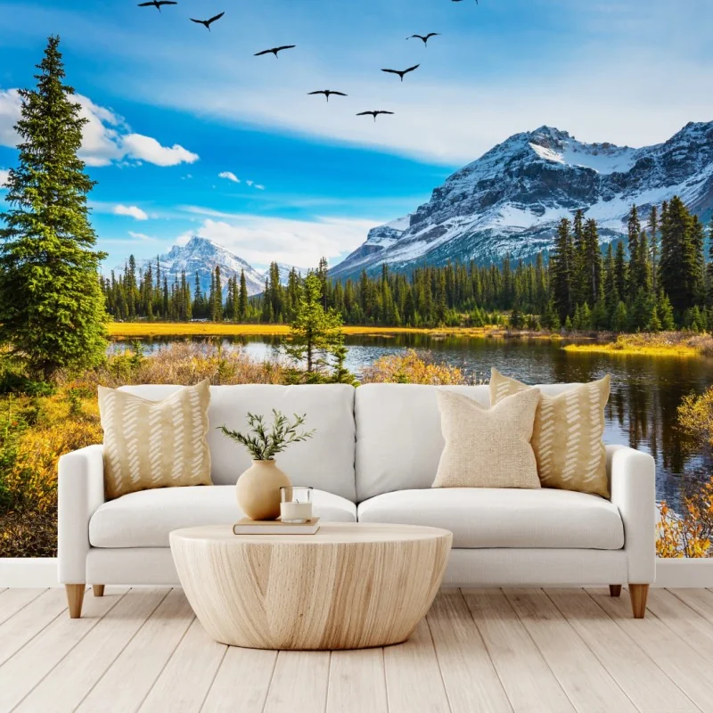 Fototapeta jesienne jezioro górskie z ptakami – Wallissimo® Fototapeta jesienne jezioro górskie z ptakami – Wallissimo®