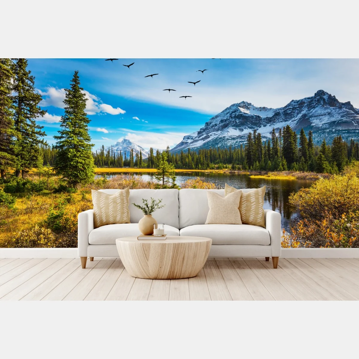 Fototapeta jesienne jezioro górskie z ptakami – Wallissimo® Fototapeta jesienne jezioro górskie z ptakami – Wallissimo®