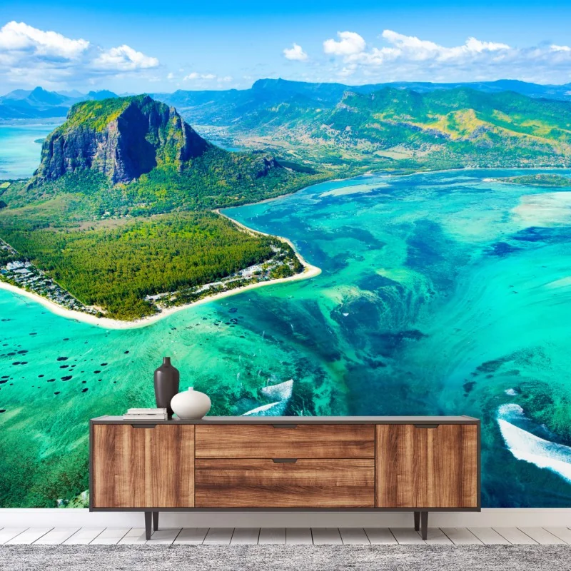 Fototapeta turkusowa laguna z lotu ptaka, Mauritius – Wallissimo® Fototapeta turkusowa laguna z lotu ptaka, Mauritius – Wallissimo®