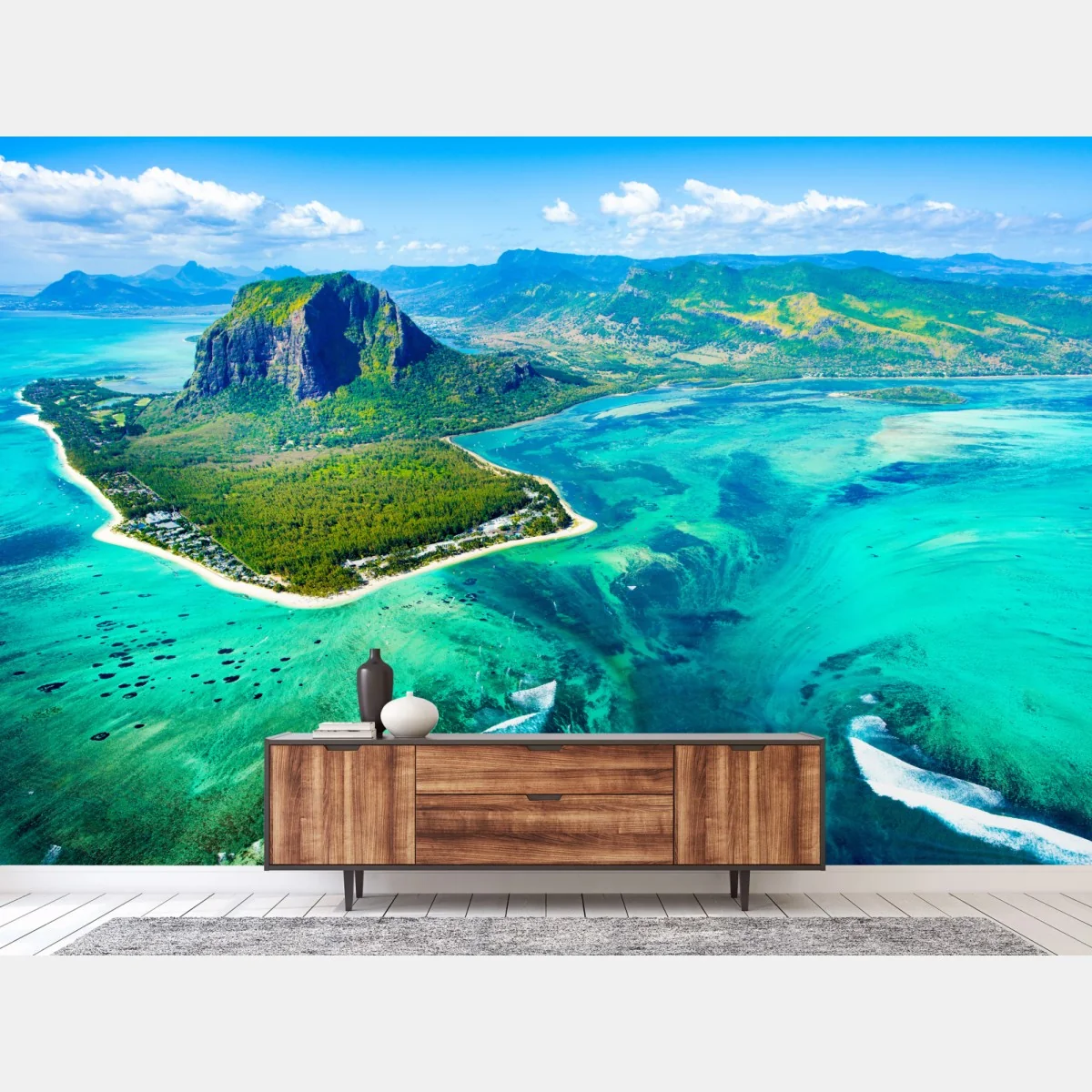 Fototapeta turkusowa laguna z lotu ptaka, Mauritius – Wallissimo® Fototapeta turkusowa laguna z lotu ptaka, Mauritius – Wallissimo®