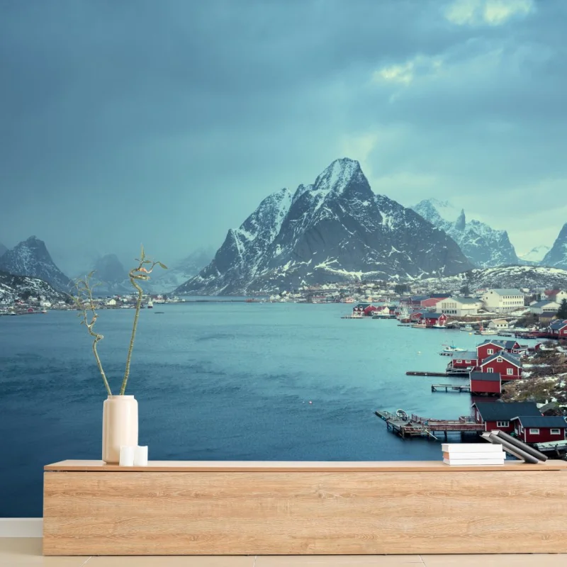 Fototapeta Reine zimowy fiord w Lofotach – Wallissimo® Fototapeta Reine zimowy fiord w Lofotach – Wallissimo®