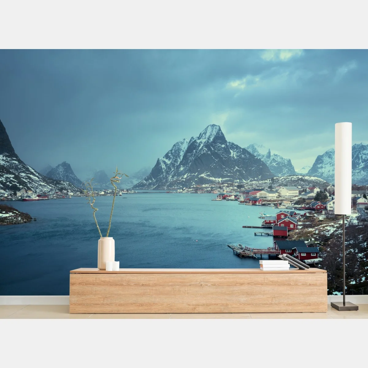 Fototapeta Reine zimowy fiord w Lofotach – Wallissimo® Fototapeta Reine zimowy fiord w Lofotach – Wallissimo®