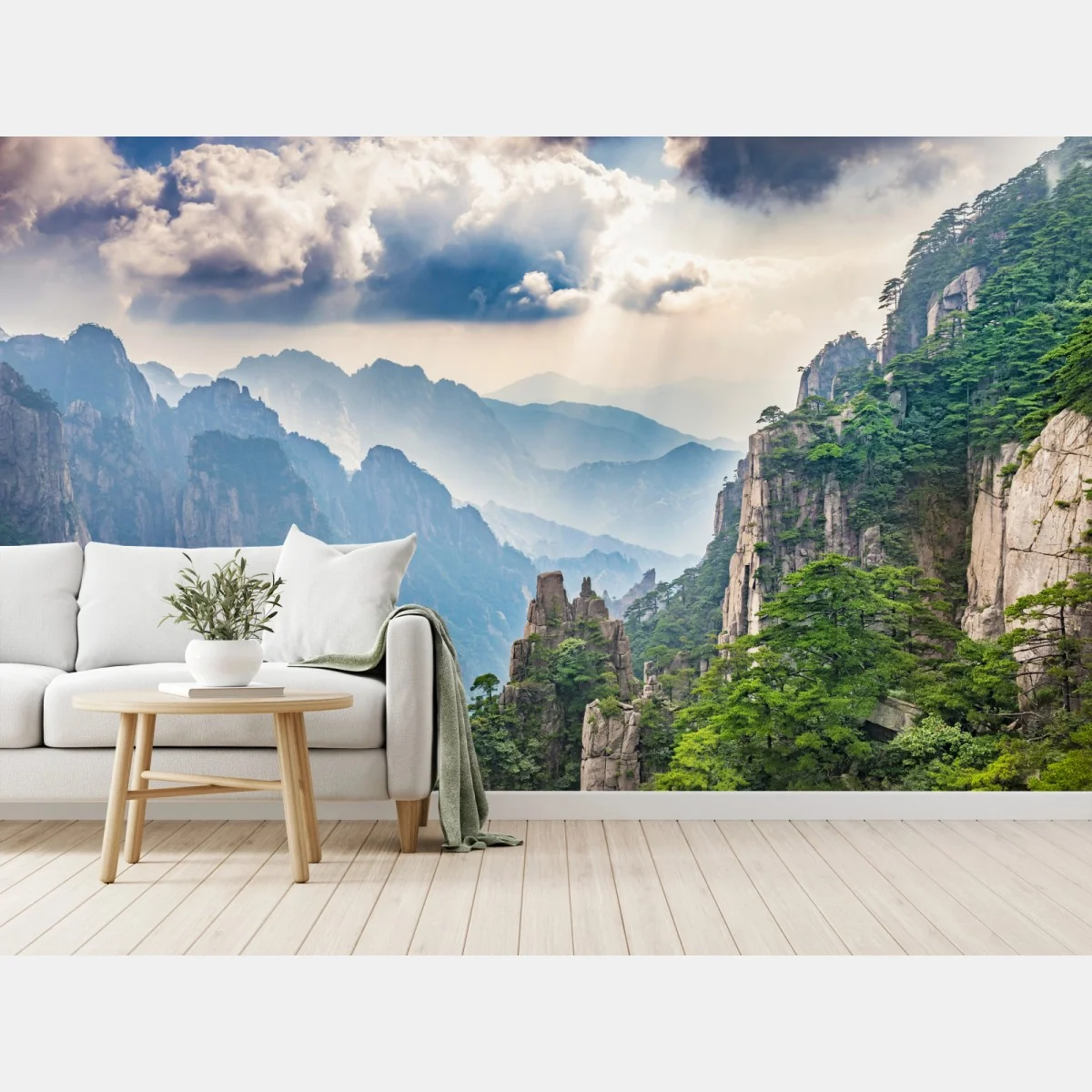 Fototapeta mglista sceneria górskich klifów z promieniami słońca – Wallissimo® Fototapeta mglista sceneria górskich klifów z promieniami słońca – Wallissimo®