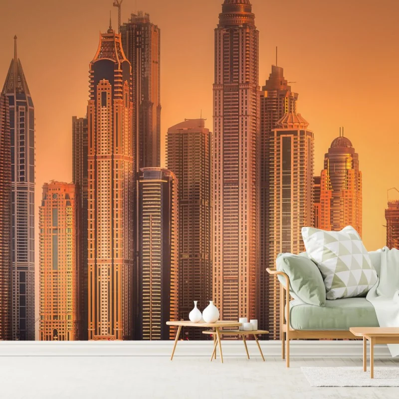 Fototapeta panorama Dubaju w złotym świetle – Wallissimo® Fototapeta panorama Dubaju w złotym świetle – Wallissimo®