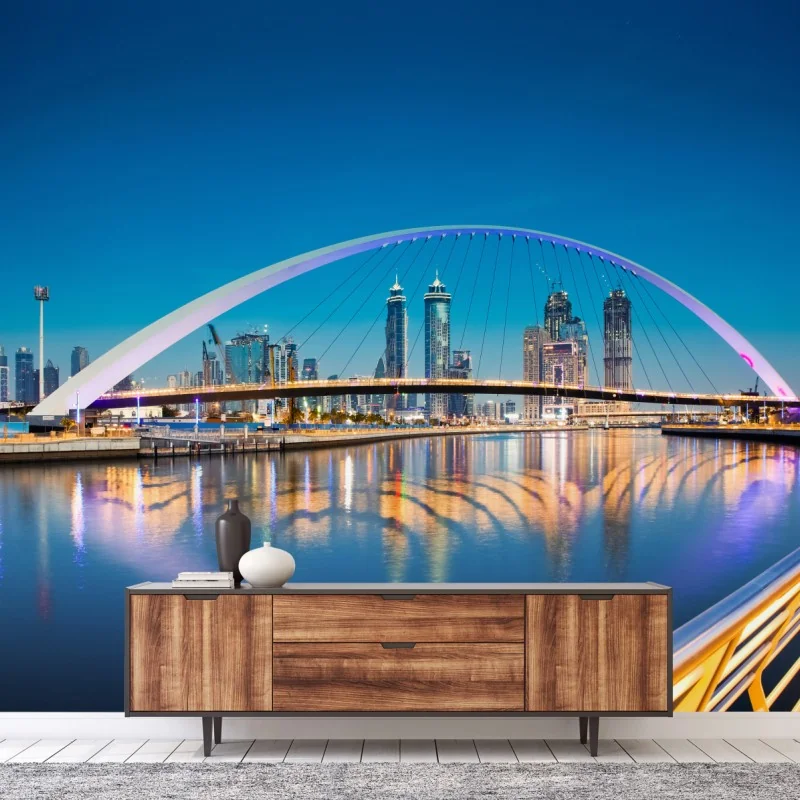 Fototapeta Dubaj panorama miasta z oświetlonym mostem – Wallissimo®