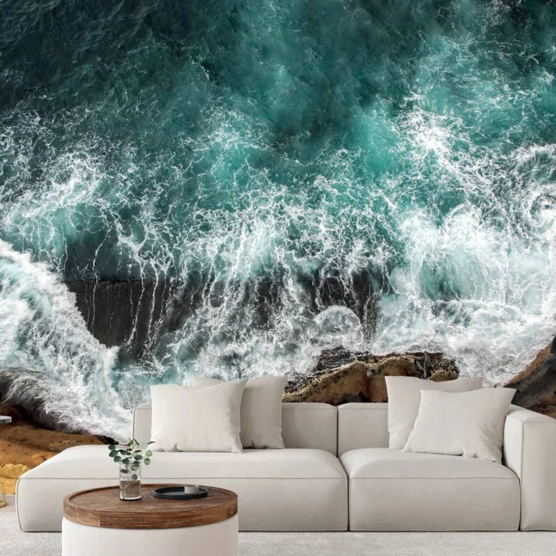 Fototapeta turkusowe wybrzeże z lotu ptaka z rozbijającymi się falami – Wallissimo® Fototapeta turkusowe wybrzeże z lotu ptaka z rozbijającymi się falami – Wallissimo®