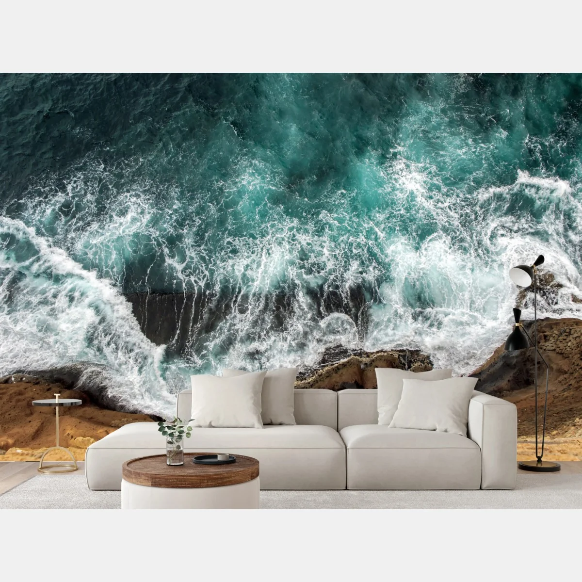 Fototapeta turkusowe wybrzeże z lotu ptaka z rozbijającymi się falami – Wallissimo® Fototapeta turkusowe wybrzeże z lotu ptaka z rozbijającymi się falami – Wallissimo®