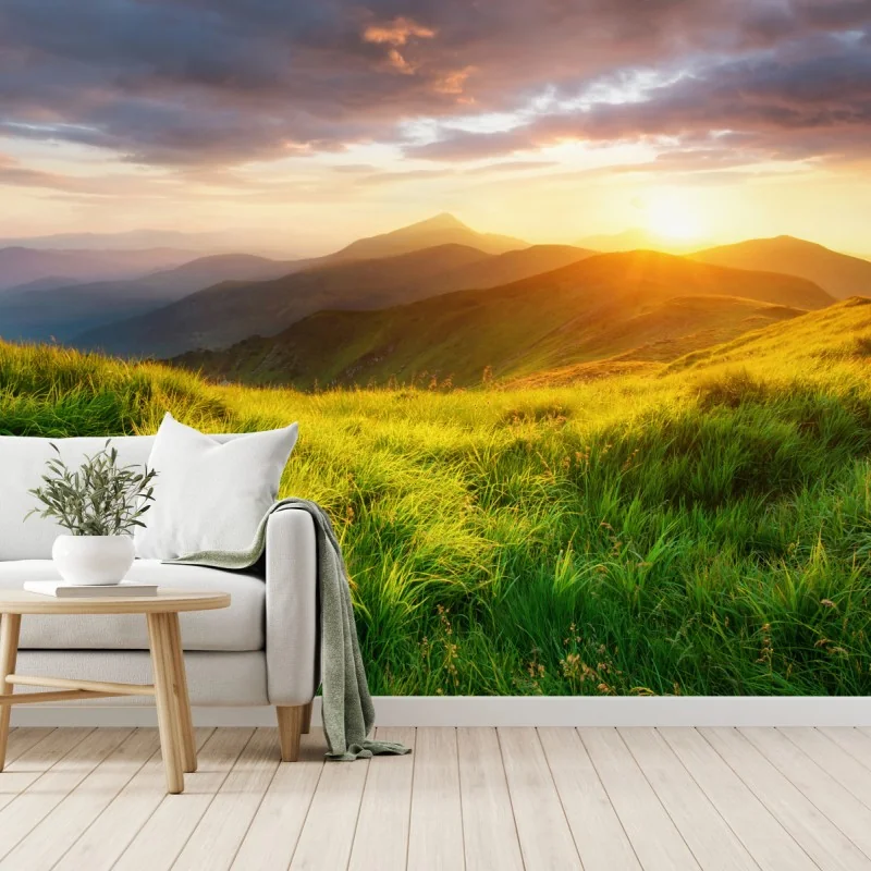 Fototapeta słoneczna górska łąka o wschodzie słońca – Wallissimo® Fototapeta słoneczna górska łąka o wschodzie słońca – Wallissimo®