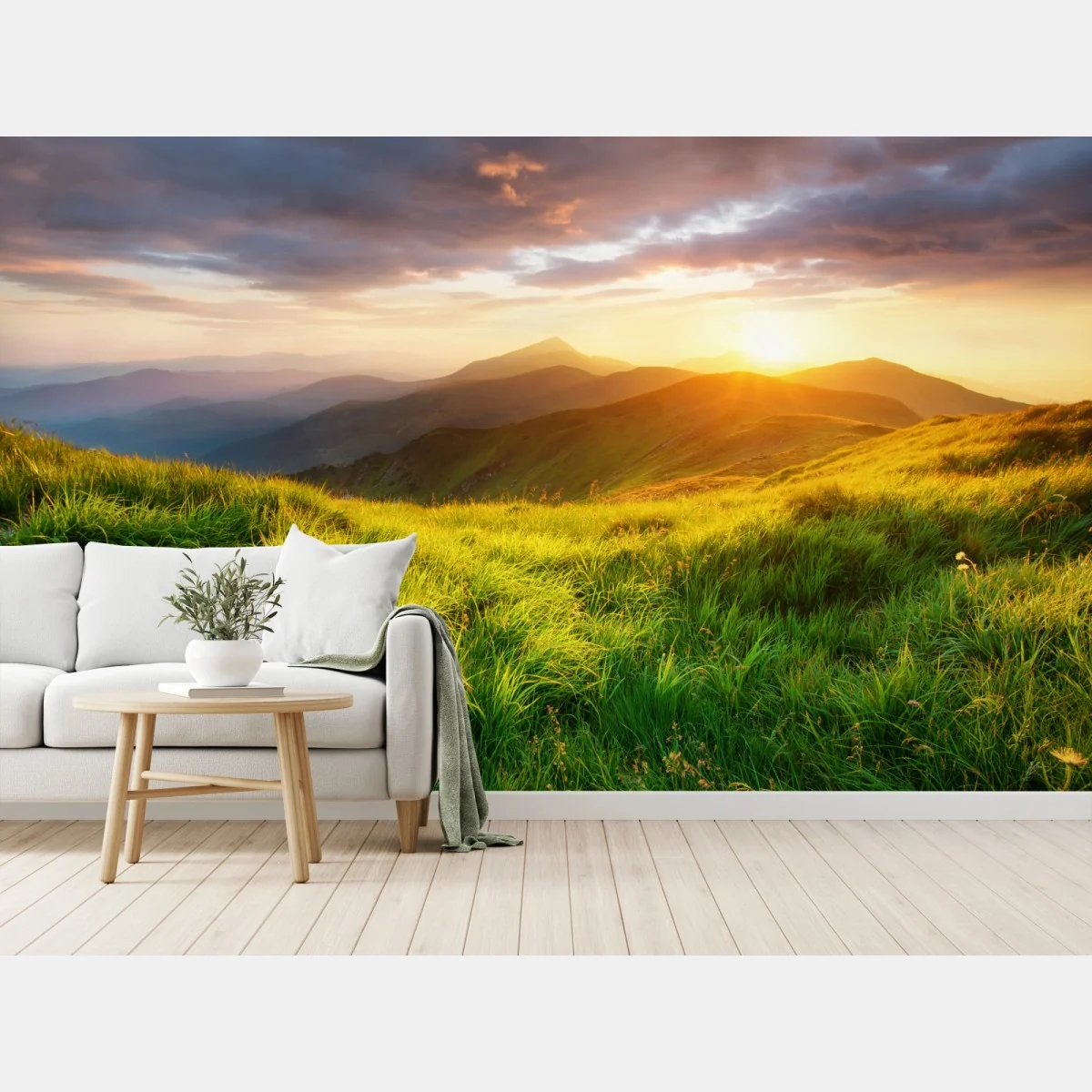 Fototapeta słoneczna górska łąka o wschodzie słońca – Wallissimo® Fototapeta słoneczna górska łąka o wschodzie słońca – Wallissimo®