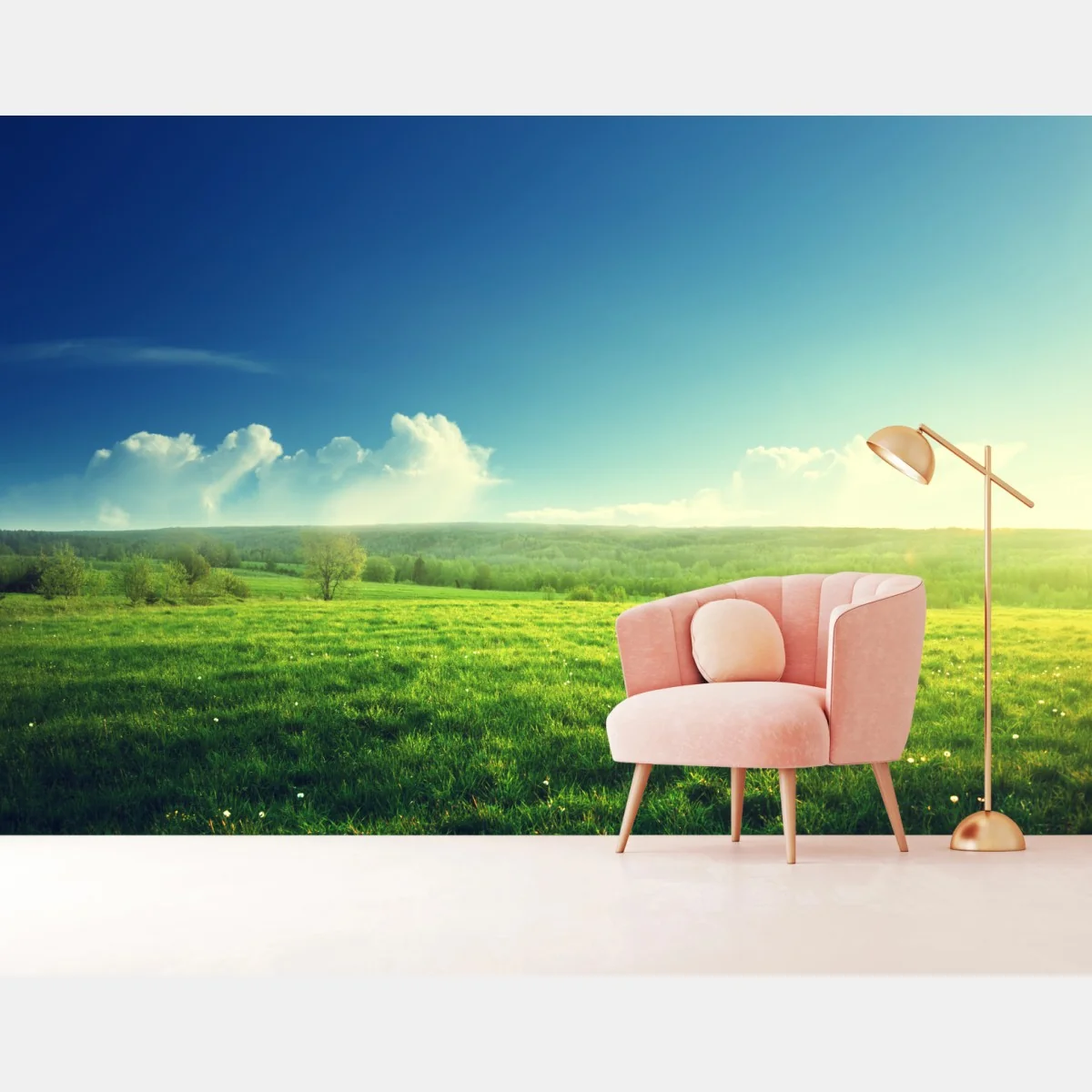 Fototapeta słoneczna wiosenna łąka o zachodzie słońca – Wallissimo® Fototapeta słoneczna wiosenna łąka o zachodzie słońca – Wallissimo®