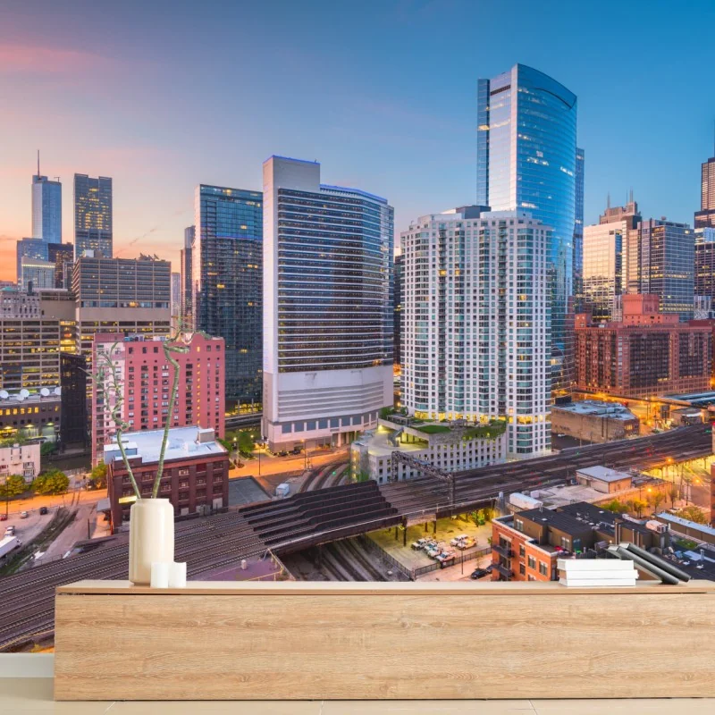 Fototapeta panorama Chicago o zmierzchu – Wallissimo® Fototapeta panorama Chicago o zmierzchu – Wallissimo®