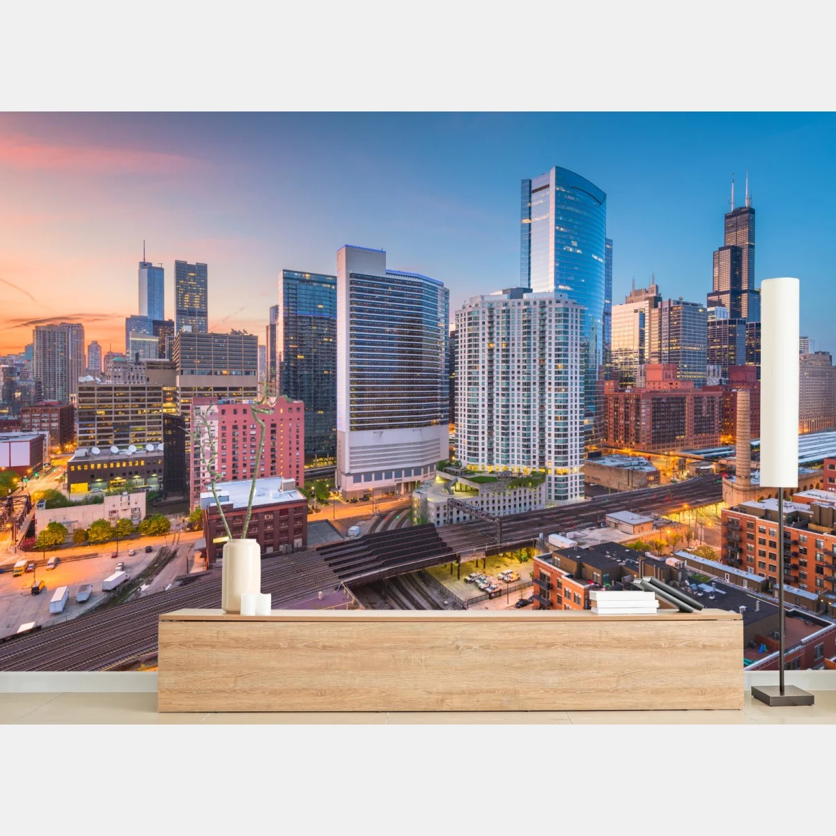 Fototapeta panorama Chicago o zmierzchu – Wallissimo® Fototapeta panorama Chicago o zmierzchu – Wallissimo®