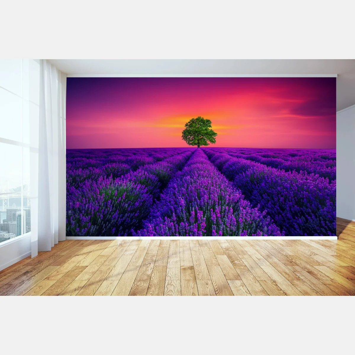 Fototapeta pole lawendy o zachodzie słońca z samotnym drzewem – Wallissimo® Fototapeta pole lawendy o zachodzie słońca z samotnym drzewem – Wallissimo®