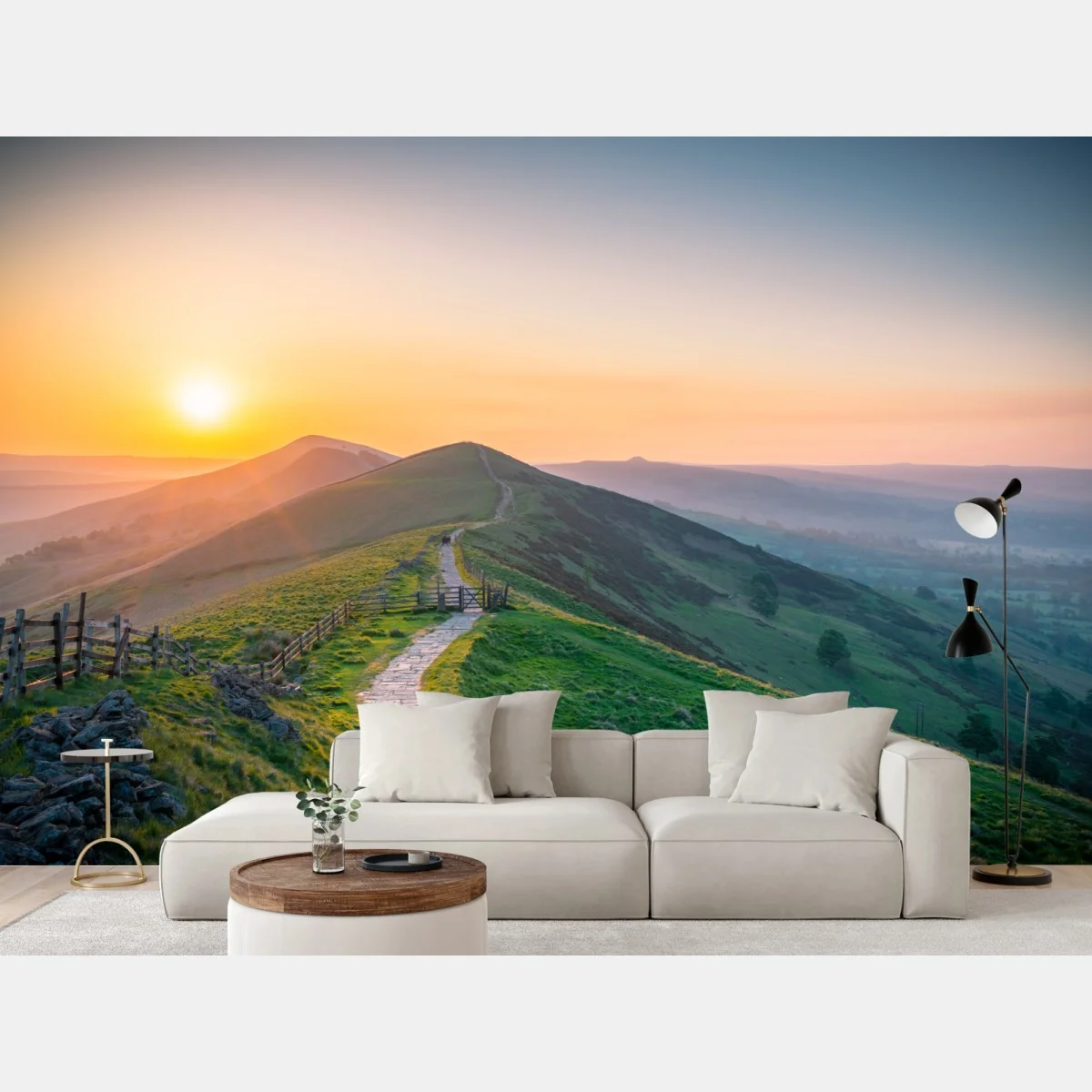 Fototapeta wschód słońca nad zielonymi wzgórzami z kamienną ścieżką – Wallissimo® Fototapeta wschód słońca nad zielonymi wzgórzami z kamienną ścieżką – Wallissimo®