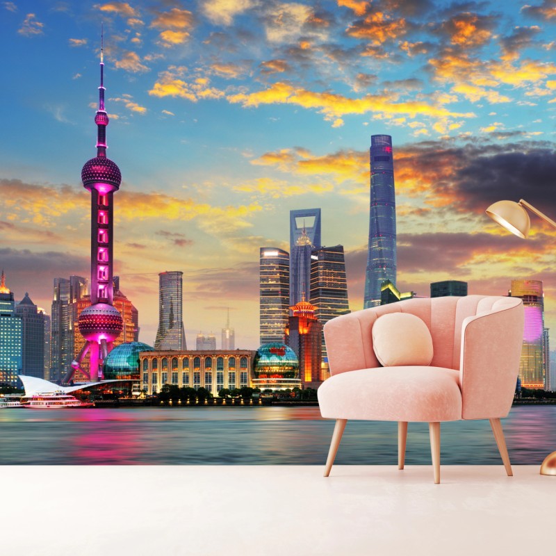 Fototapeta Szanghaj panorama miasta o zachodzie słońca – Wallissimo® Fototapeta Szanghaj panorama miasta o zachodzie słońca – Wallissimo®