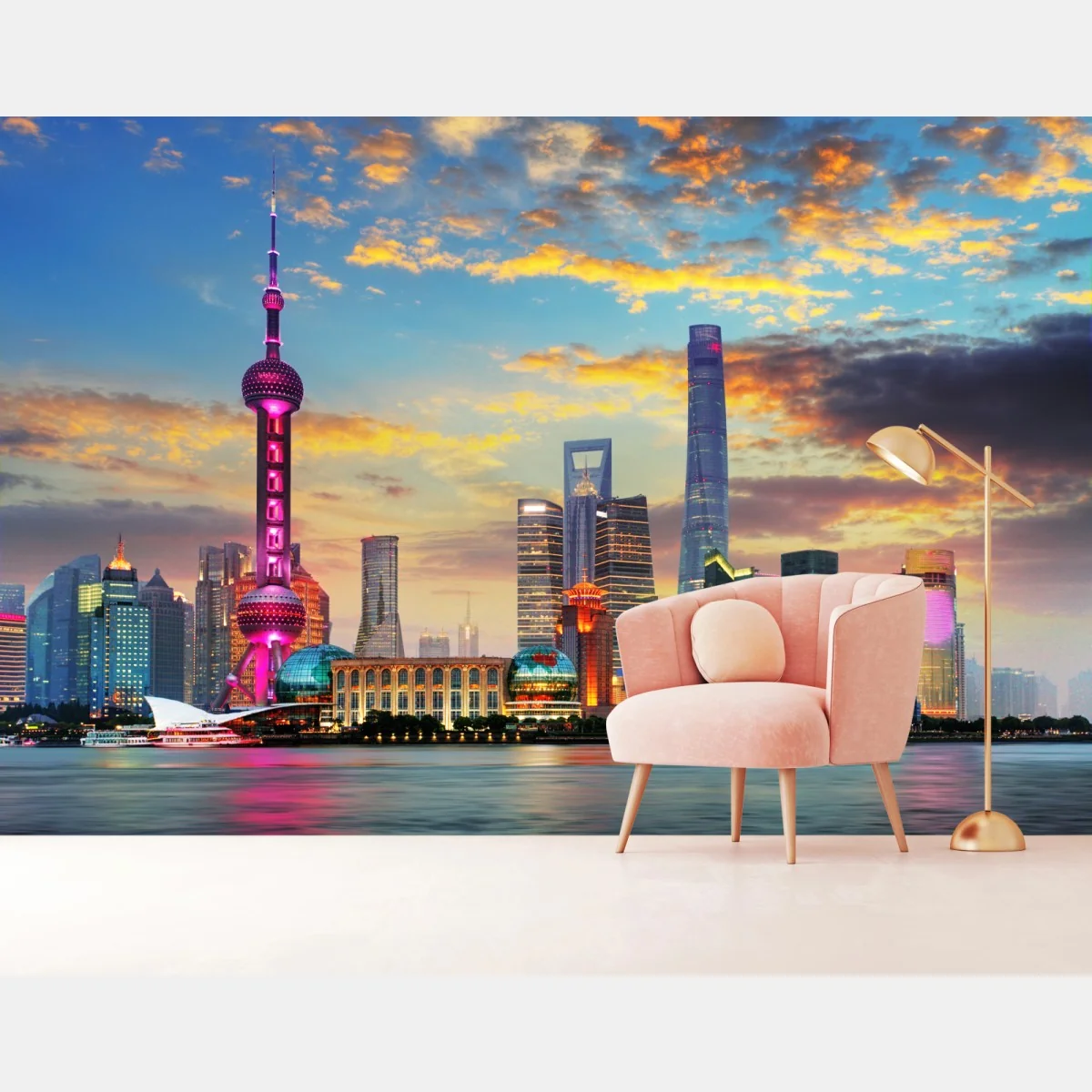 Fototapeta Szanghaj panorama miasta o zachodzie słońca – Wallissimo® Fototapeta Szanghaj panorama miasta o zachodzie słońca – Wallissimo®