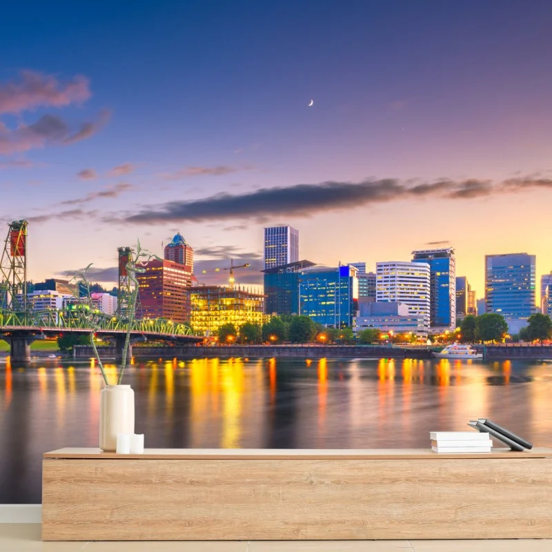 Fototapeta Portland panorama miasta o zmierzchu nad rzeką Willamette – Wallissimo® Fototapeta Portland panorama miasta o zmierzchu nad rzeką Willamette – Wallissimo®