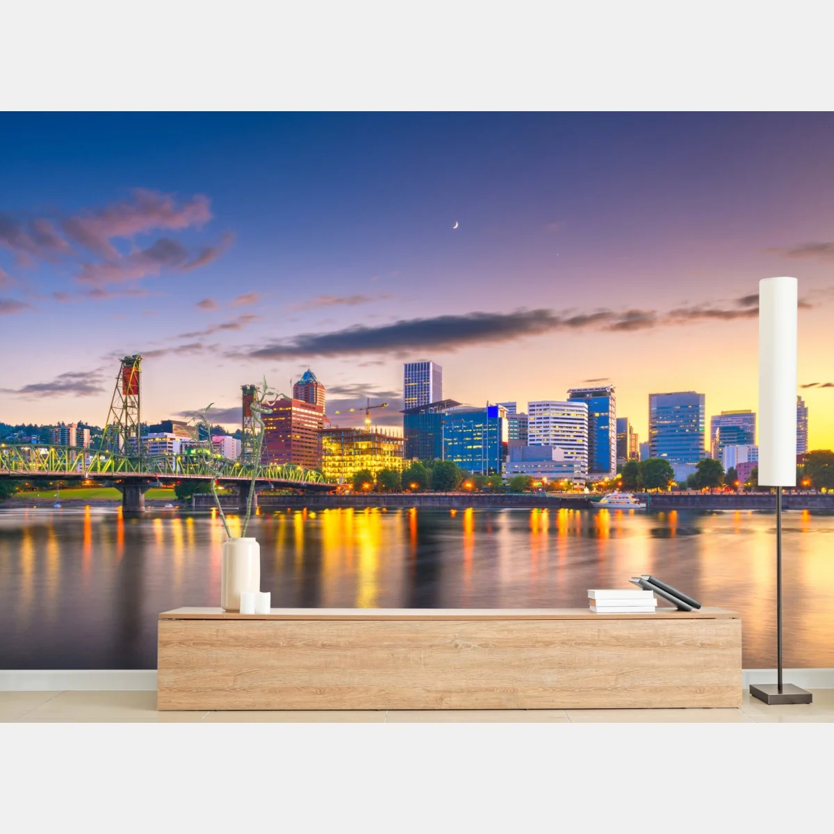 Fototapeta Portland panorama miasta o zmierzchu nad rzeką Willamette – Wallissimo® Fototapeta Portland panorama miasta o zmierzchu nad rzeką Willamette – Wallissimo®