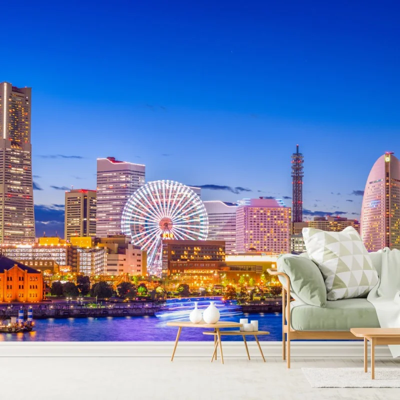 Fototapeta Yokohama panorama miasta o zmierzchu – Wallissimo® Fototapeta Yokohama panorama miasta o zmierzchu – Wallissimo®