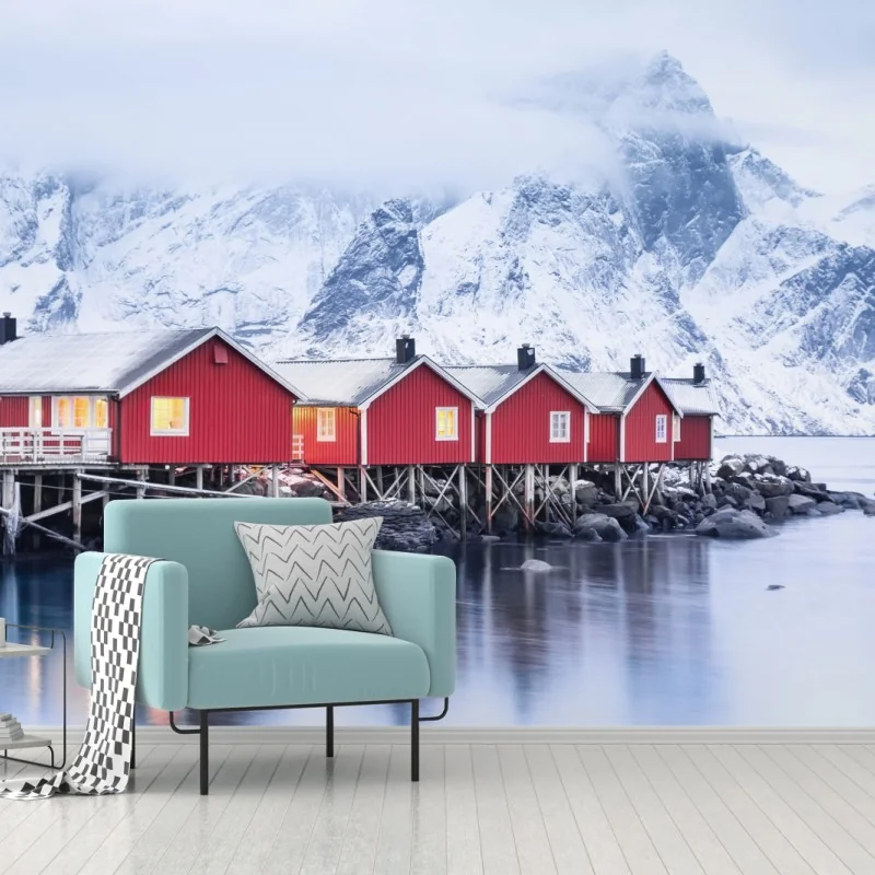 Fototapeta wschód słońca nad Lofotami i czerwonymi domkami – Wallissimo® Fototapeta wschód słońca nad Lofotami i czerwonymi domkami – Wallissimo®