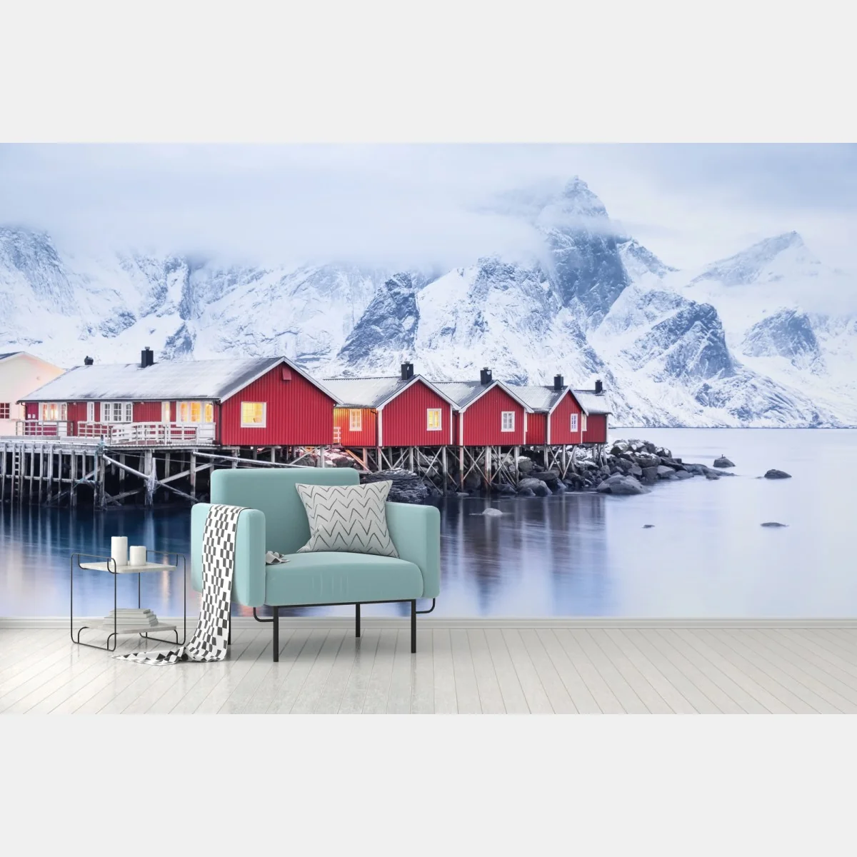 Fototapeta wschód słońca nad Lofotami i czerwonymi domkami – Wallissimo® Fototapeta wschód słońca nad Lofotami i czerwonymi domkami – Wallissimo®