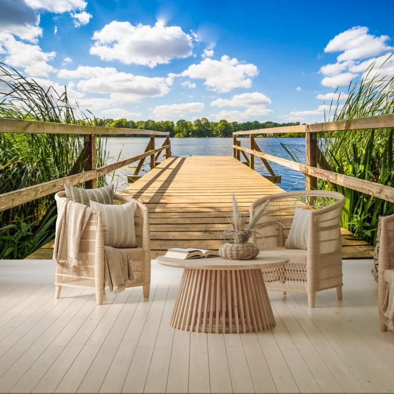 Fototapeta słoneczny pomost nad jeziorem – Wallissimo® Fototapeta słoneczny pomost nad jeziorem – Wallissimo®