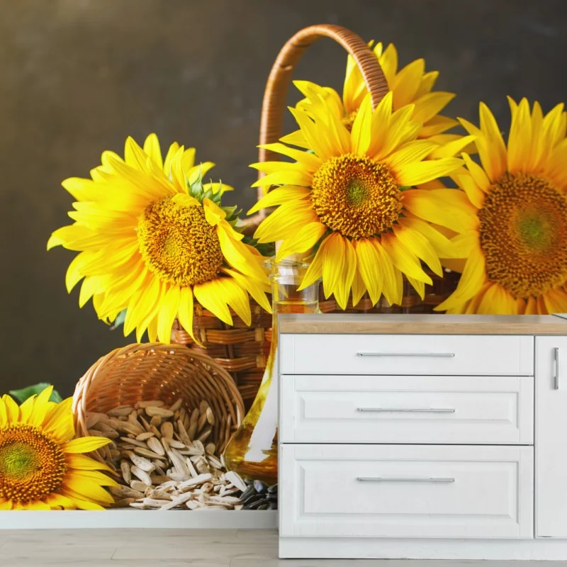 Fototapeta jasna martwa natura ze słonecznikami, ziarnami i olejem – Wallissimo® Fototapeta jasna martwa natura ze słonecznikami, ziarnami i olejem – Wallissimo®