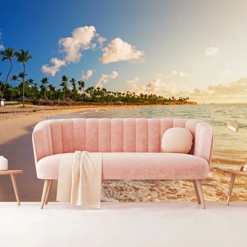 Fototapeta tropikalny zachód słońca na plaży z sylwetkami palm – Wallissimo® Fototapeta tropikalny zachód słońca na plaży z sylwetkami palm – Wallissimo®