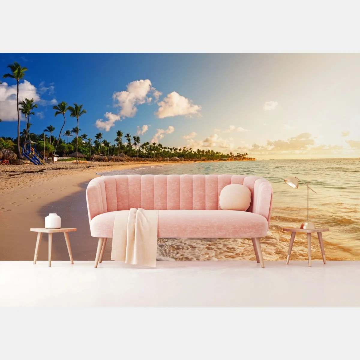 Fototapeta tropikalny zachód słońca na plaży z sylwetkami palm – Wallissimo® Fototapeta tropikalny zachód słońca na plaży z sylwetkami palm – Wallissimo®