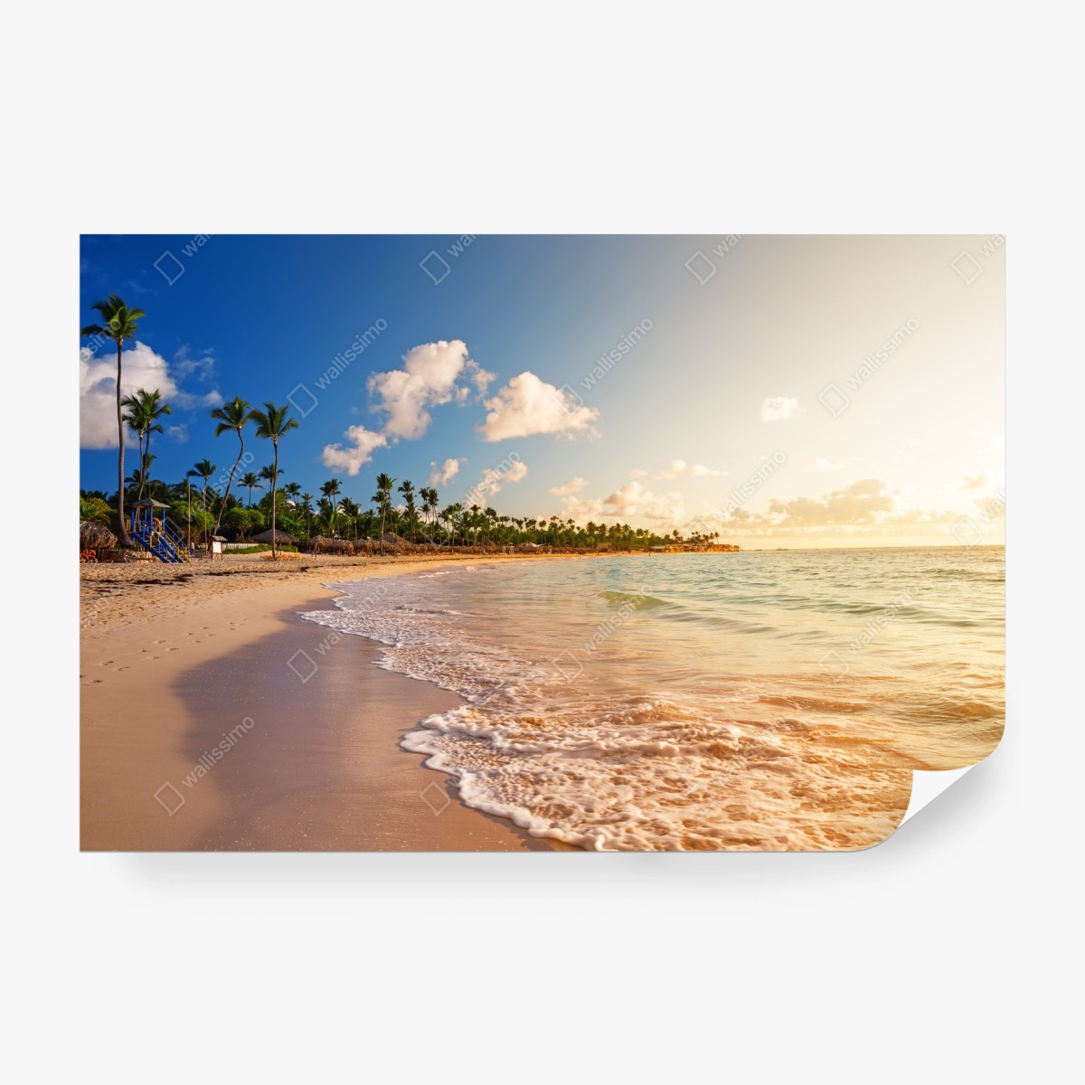 Fototapeta tropikalny zachód słońca na plaży z sylwetkami palm – Wallissimo® Fototapeta tropikalny zachód słońca na plaży z sylwetkami palm – Wallissimo®