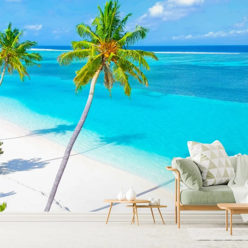 Fototapeta tropikalna turkusowa plaża z palmami – Wallissimo® Fototapeta tropikalna turkusowa plaża z palmami – Wallissimo®