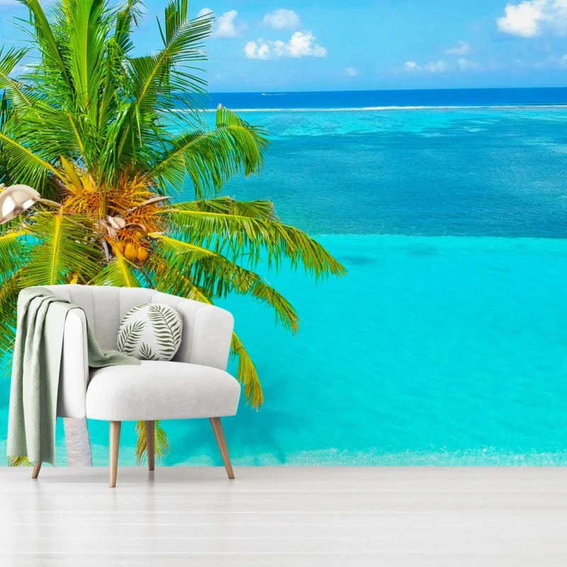 Fototapeta tropikalna turkusowa plaża z palmą – Wallissimo® Fototapeta tropikalna turkusowa plaża z palmą – Wallissimo®