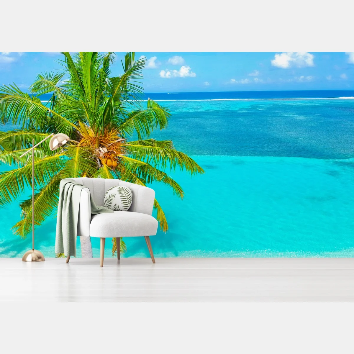 Fototapeta tropikalna turkusowa plaża z palmą – Wallissimo® Fototapeta tropikalna turkusowa plaża z palmą – Wallissimo®