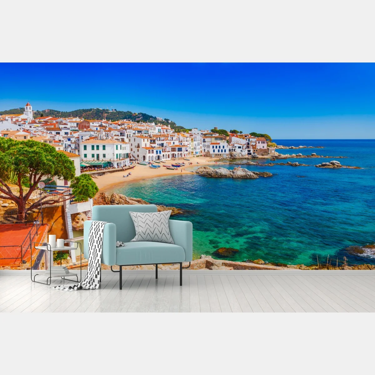 Fototapeta słoneczna śródziemnomorska wioska nad morzem – Wallissimo® Fototapeta słoneczna śródziemnomorska wioska nad morzem – Wallissimo®
