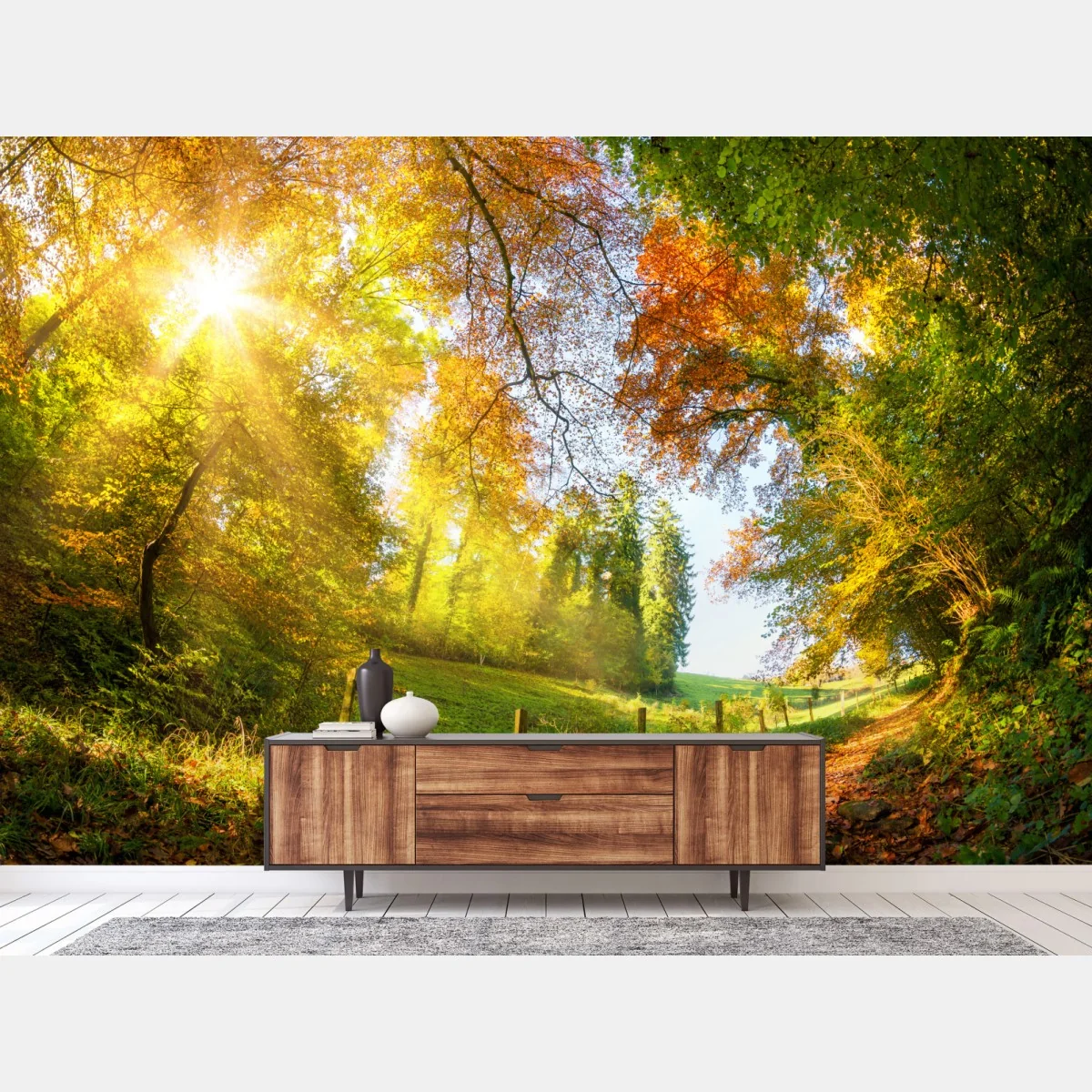 Fototapeta złota jesienna ścieżka przez las – Wallissimo® Fototapeta złota jesienna ścieżka przez las – Wallissimo®