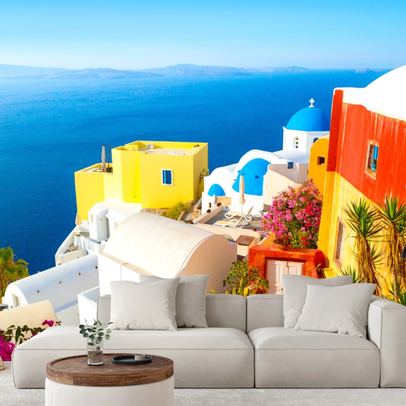 Fototapeta słoneczna Santorini nadmorska wioska – Wallissimo® Fototapeta słoneczna Santorini nadmorska wioska – Wallissimo®