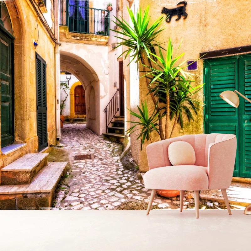 Fototapeta słoneczna śródziemnomorska uliczka z zielonymi okiennicami – Wallissimo® Fototapeta słoneczna śródziemnomorska uliczka z zielonymi okiennicami – Wallissimo®