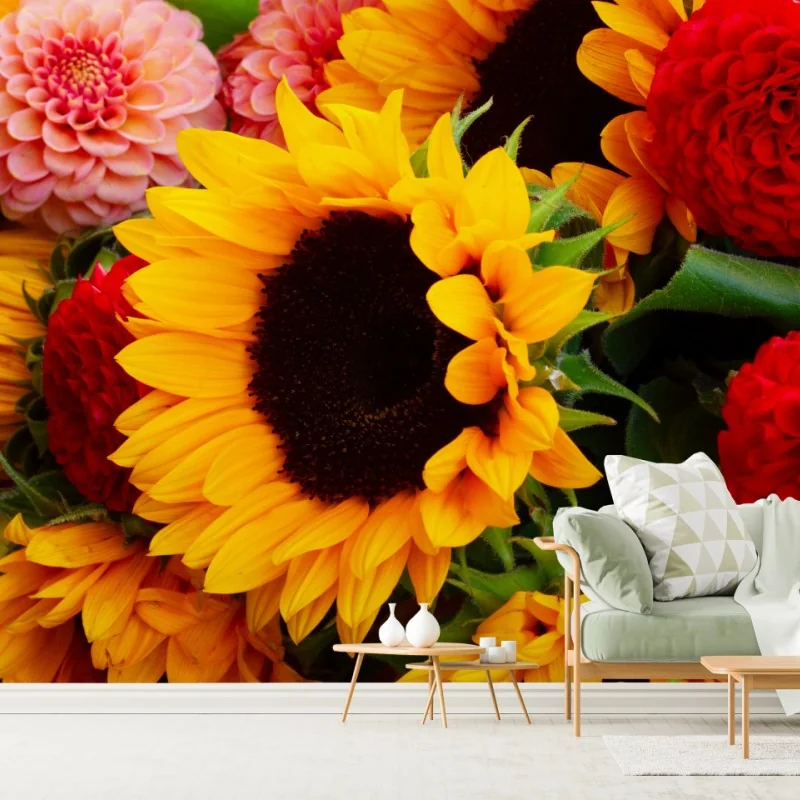 Fototapeta zbliżenie bukietu słoneczników i dali – Wallissimo® Fototapeta zbliżenie bukietu słoneczników i dali – Wallissimo®