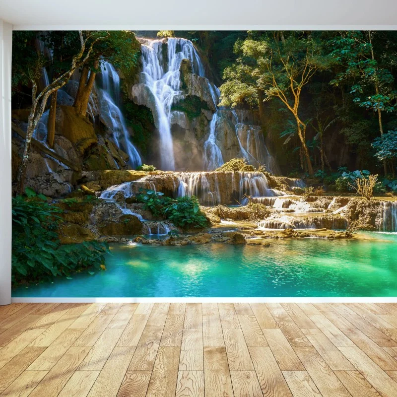 Fototapeta turkusowy wodospad w bujnym lesie – Wallissimo® Fototapeta turkusowy wodospad w bujnym lesie – Wallissimo®