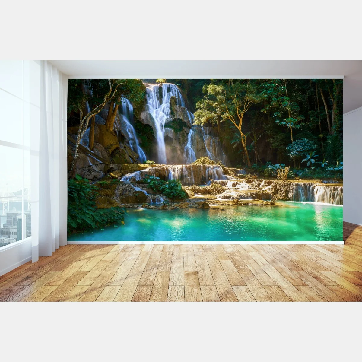 Fototapeta turkusowy wodospad w bujnym lesie – Wallissimo® Fototapeta turkusowy wodospad w bujnym lesie – Wallissimo®