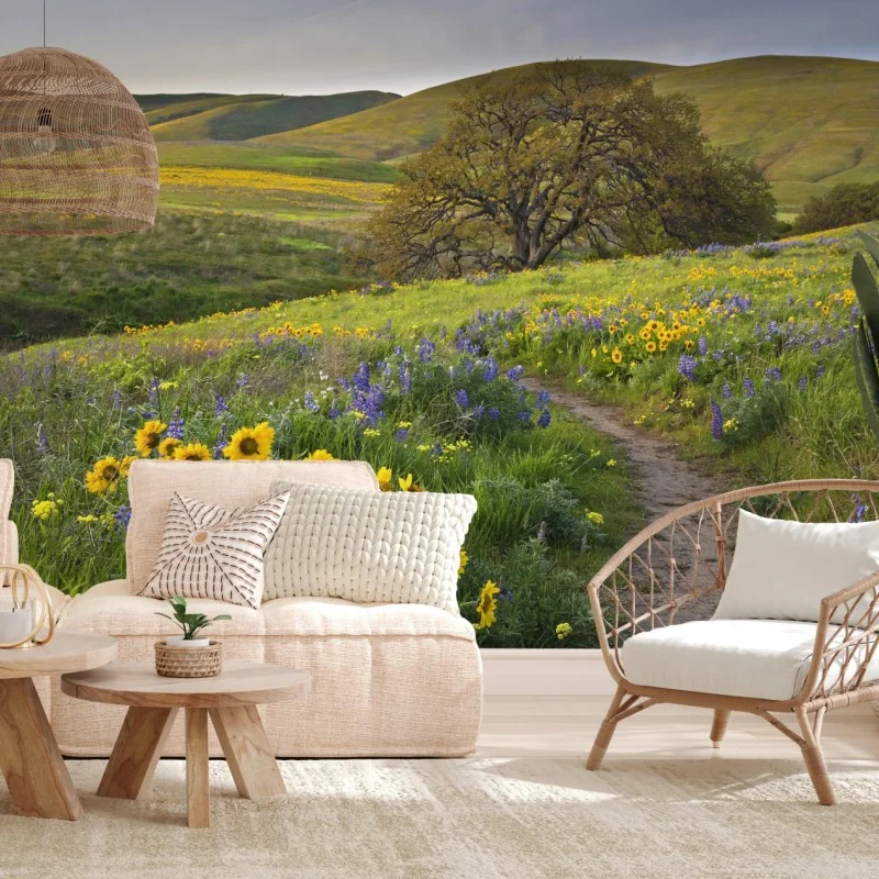 Fototapeta ścieżka przez złotą łąkę z dzikimi kwiatami – Wallissimo® Fototapeta ścieżka przez złotą łąkę z dzikimi kwiatami – Wallissimo®
