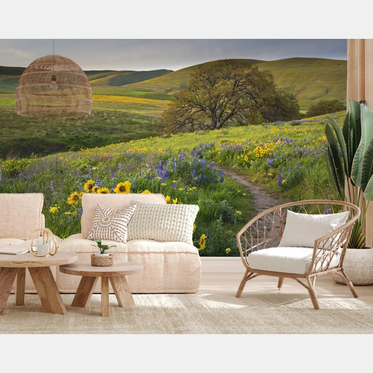 Fototapeta ścieżka przez złotą łąkę z dzikimi kwiatami – Wallissimo® Fototapeta ścieżka przez złotą łąkę z dzikimi kwiatami – Wallissimo®