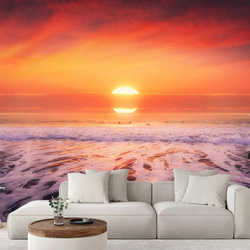 Fototapeta złoty zachód słońca nad spokojną plażą – Wallissimo® Fototapeta złoty zachód słońca nad spokojną plażą – Wallissimo®