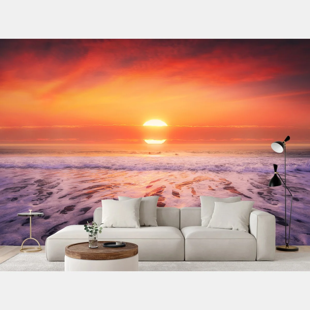 Fototapeta złoty zachód słońca nad spokojną plażą – Wallissimo® Fototapeta złoty zachód słońca nad spokojną plażą – Wallissimo®