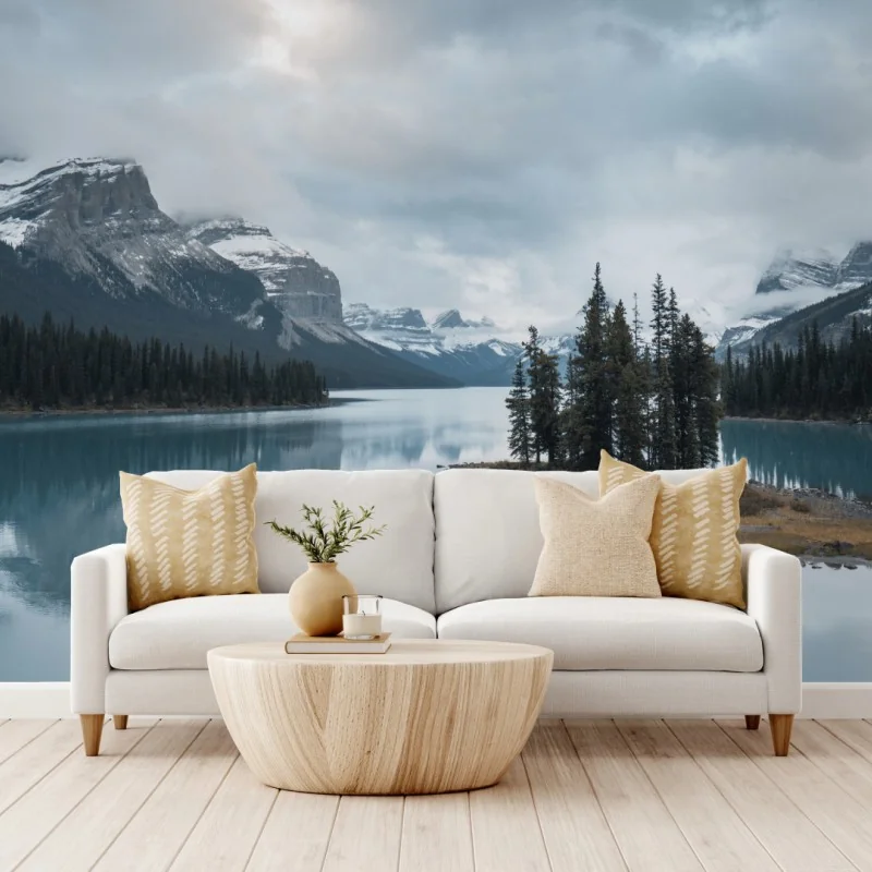 Fototapeta spokojne alpejskie jezioro z wyspą i kajakiem – Wallissimo® Fototapeta spokojne alpejskie jezioro z wyspą i kajakiem – Wallissimo®