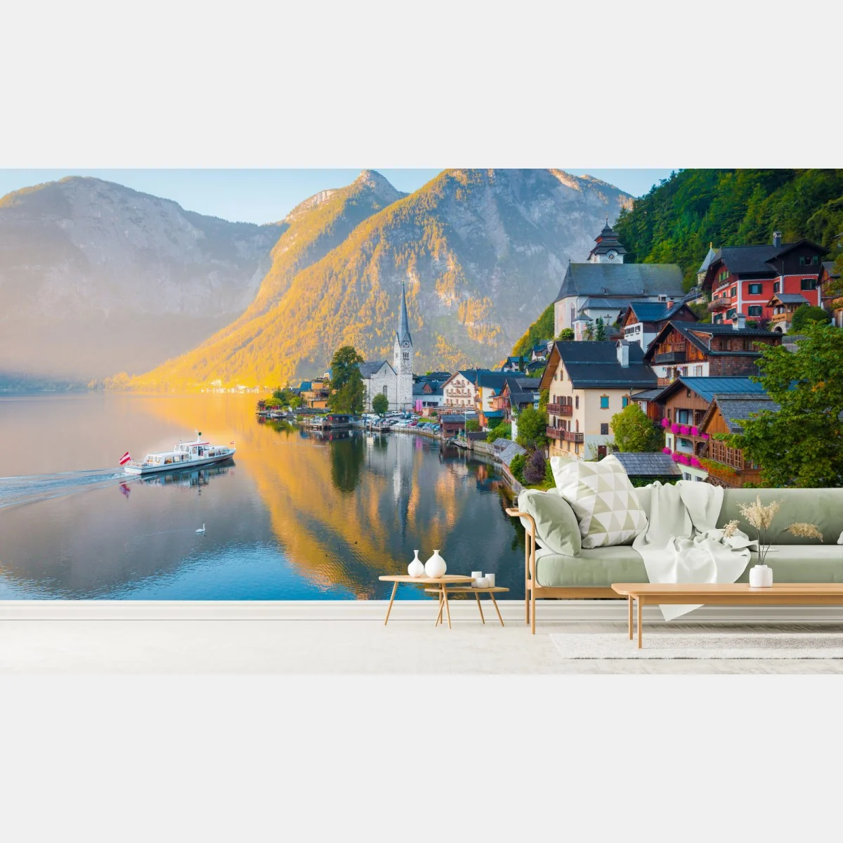 Fototapeta poranny blask Hallstatt nad jeziorem – Wallissimo® Fototapeta poranny blask Hallstatt nad jeziorem – Wallissimo®