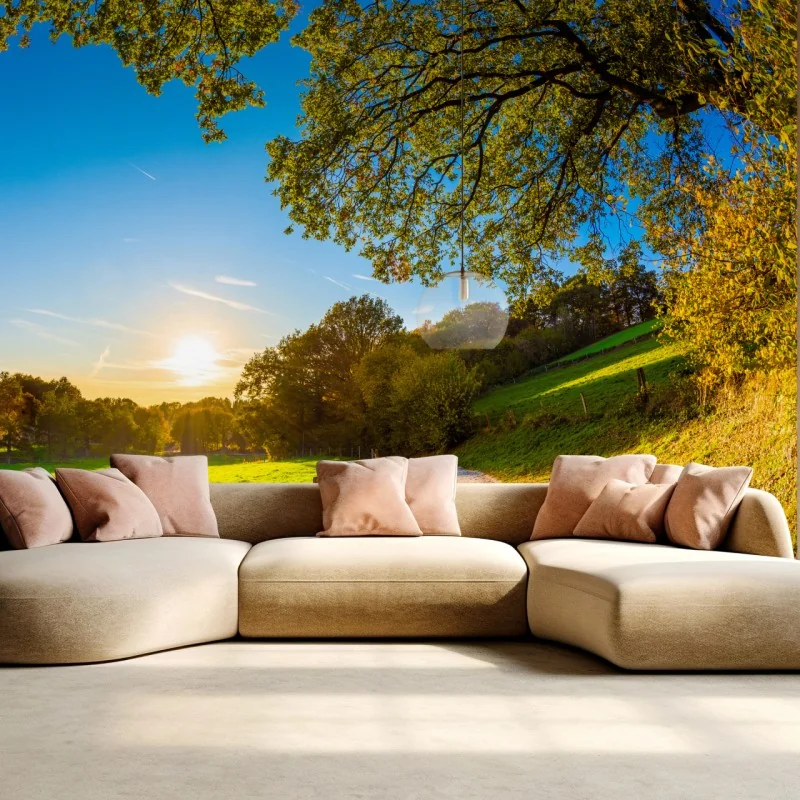 Fototapeta słoneczna łąka i wiejska droga o zachodzie słońca – Wallissimo® Fototapeta słoneczna łąka i wiejska droga o zachodzie słońca – Wallissimo®