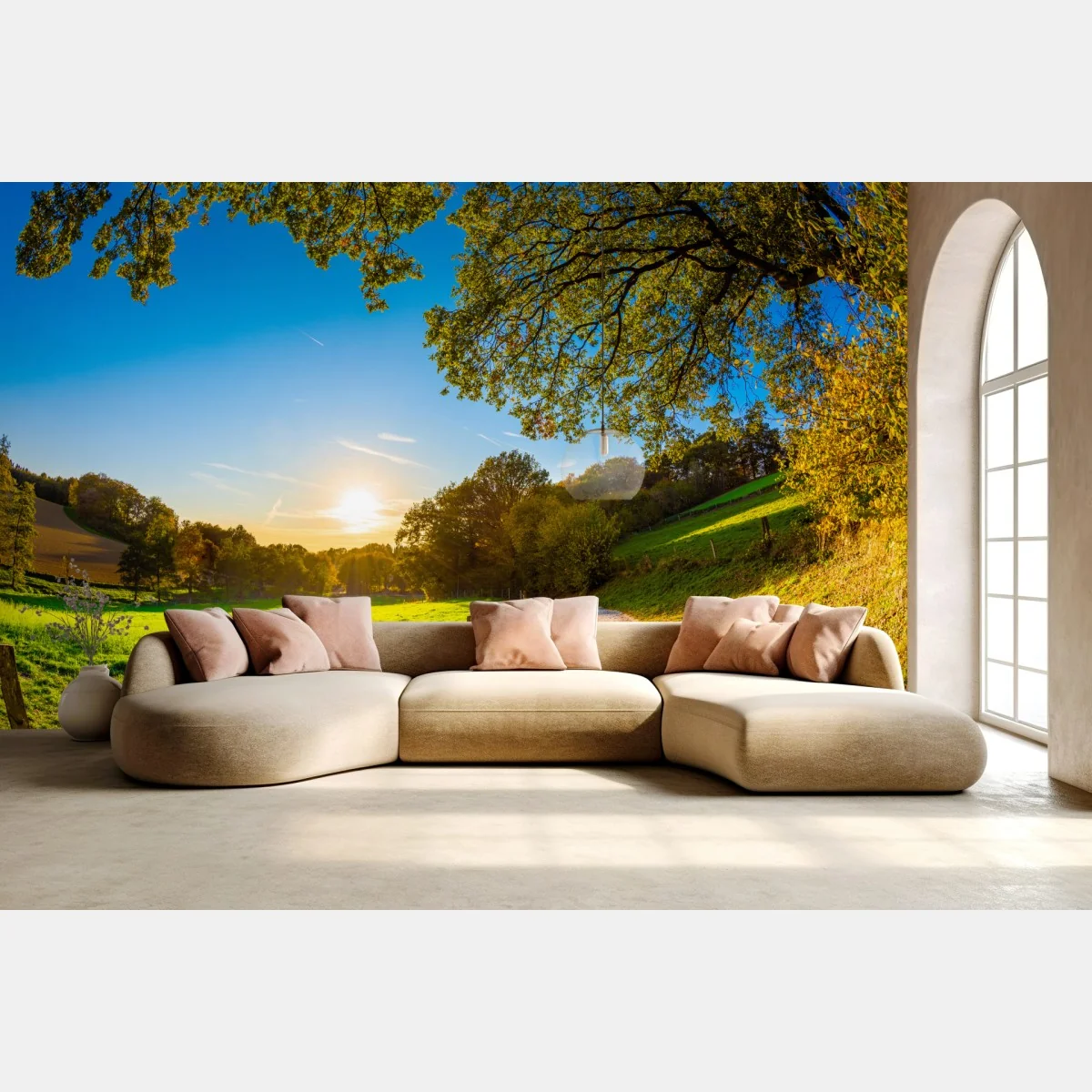 Fototapeta słoneczna łąka i wiejska droga o zachodzie słońca – Wallissimo® Fototapeta słoneczna łąka i wiejska droga o zachodzie słońca – Wallissimo®