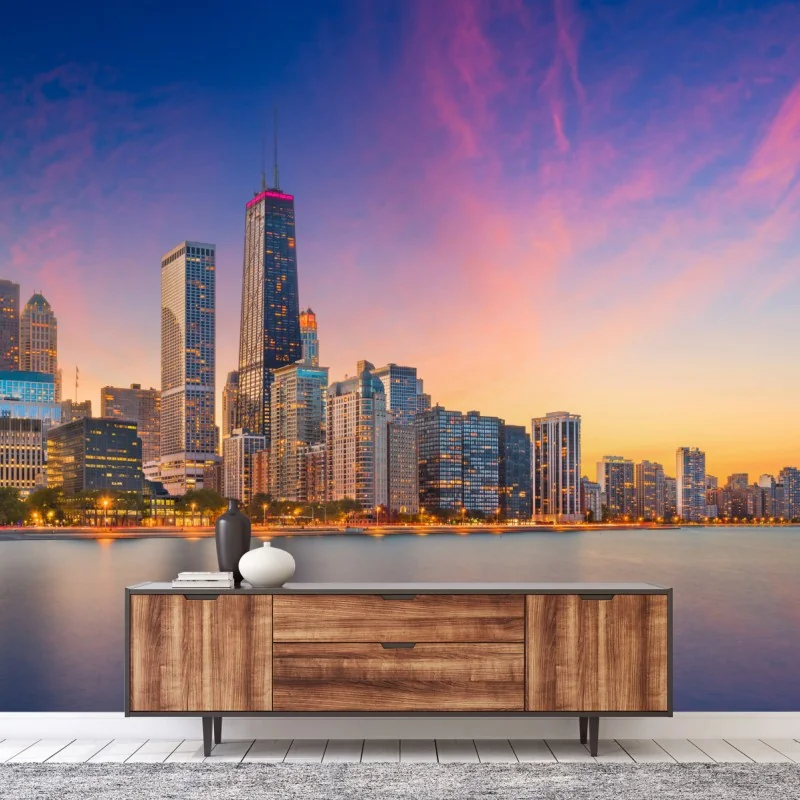 Fototapeta panorama Chicago o zmierzchu – Wallissimo® Fototapeta panorama Chicago o zmierzchu – Wallissimo®