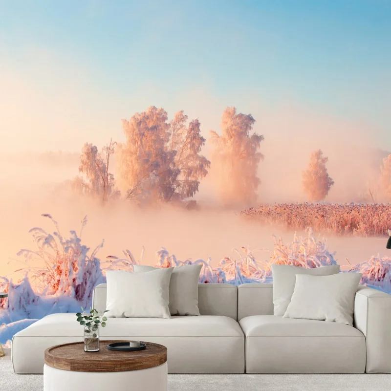 Fototapeta zimowy wschód słońca nad oszronioną łąką – Wallissimo® Fototapeta zimowy wschód słońca nad oszronioną łąką – Wallissimo®